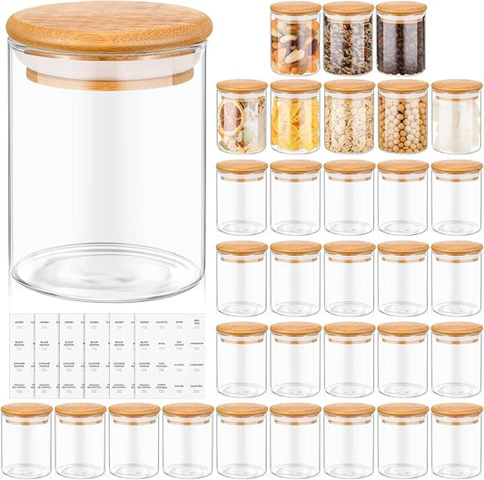 Zubebe 32 Pieces 7 oz Glass Spice Jars with Bamboo Lids and Labels, Large Clear Spice Containers with 660 Spice Labels Airtight Canisters Sets for Kitchen Seasoning Jars Storage Herbal Teas, Coffee