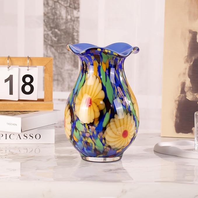 KAMMAK Colored Glass Vase, Beautiful Hand Blown Decorative Vase, Modern Art Vase for Flower Mantle Dining Table Centerpiece, Entryway Living Room Wedding Decoration, FH028