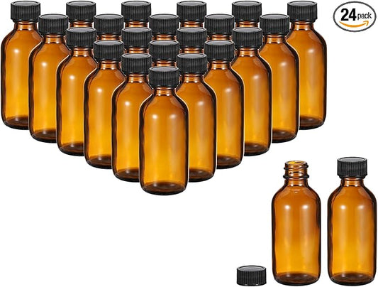 PATIKIL 2oz(60ml) Glass Sample Bottles, 24Pcs Round Bottle Dispensing Bottles with Black Poly Cone Cap for Reagent Liquids, Essential Oils, Perfume, Amber
