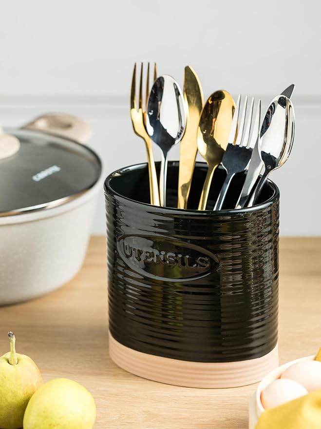YHOSSEUN Black Utensil Holder, Ceramic Utensil Holder for Kitchen Counter, 6.7" Halloween Utensil Crock for Kitchen Tools Utensil Caddy, Oval Shape