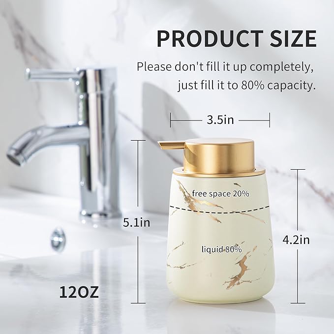 Enra Ceramic Foaming Soap Dispenser -12oz Modern Foam Gold Hand Soap Dispenser Bathroom, Refillable Dish Wash Soap Bottle for Kitchen with Large Pump(Glod Foam Type-Beige)