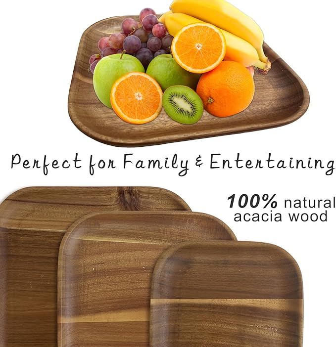 MinBoo Wooden Acacia Plates set of 3, 9-6Inch Wood Acacia Serving Trays, Farmhouse Kitchen Plates, Reusable Wooden Dishware for Dining, Appetizers, Snacks, Parties (square)