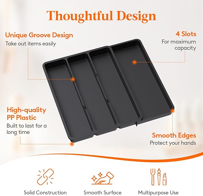 Lifewit Utensil Drawer Organizer, Expendable Cooking Silverware Tray for Kitchen Drawer, Adjustable Cutlery Flatware Holder, Plastic Spatula Tools and Gadgets Storage Divider, 4 Compartments, Black