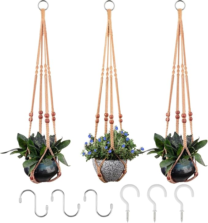 RIFNY Macrame Plant Hanger for 5 to 10 Inch Plant Pots, 35 Inch Woven Rope Hanger Kits with Hooks and Wood Beads, Hanging Planter Basket for Indoor Boho Home Decor (Brown, 3 Pack)