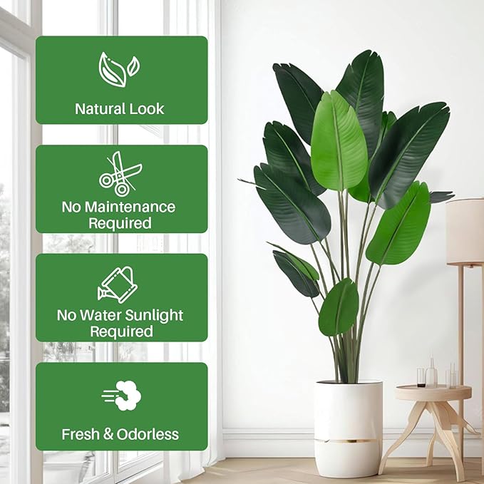 Artificial Bird of Paradise Tree for Home Decor, Fake Plants Areca Palm Tree Fake Silk Banana Leaf Tropical Trees Faux Tropical Palm Potted Dypsis Lutescens for Home Office Decor Housewarming