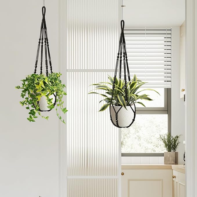 Macrame Plant Hanger Indoor Set of 4 with 8 Hooks, Indoor Outdoor Hanging Planter for Plants Holder with Decorative Wood Beads & No Tassels, Boho Home Decor, 35 Inch Black (Pots Not Included)