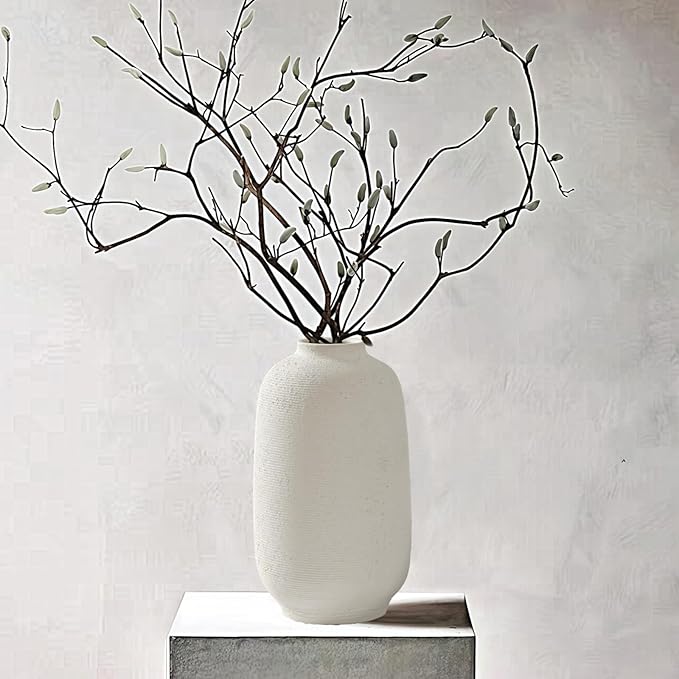 Large White Ceramic Vase, 10.8 inch Tall Textured Flower Vase, Minimalist Vintage Farmhouse Decor for Home, Living Room, Shelf, Table, Wedding Gift & Entryway Decoration (Sandstone White)
