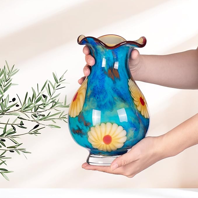 KAMMAK Colored Glass Vase, Beautiful Hand Blown Decorative Vase, Modern Art Vase for Flower Mantle Dining Table Centerpiece, Entryway Living Room Wedding Decoration, FH026