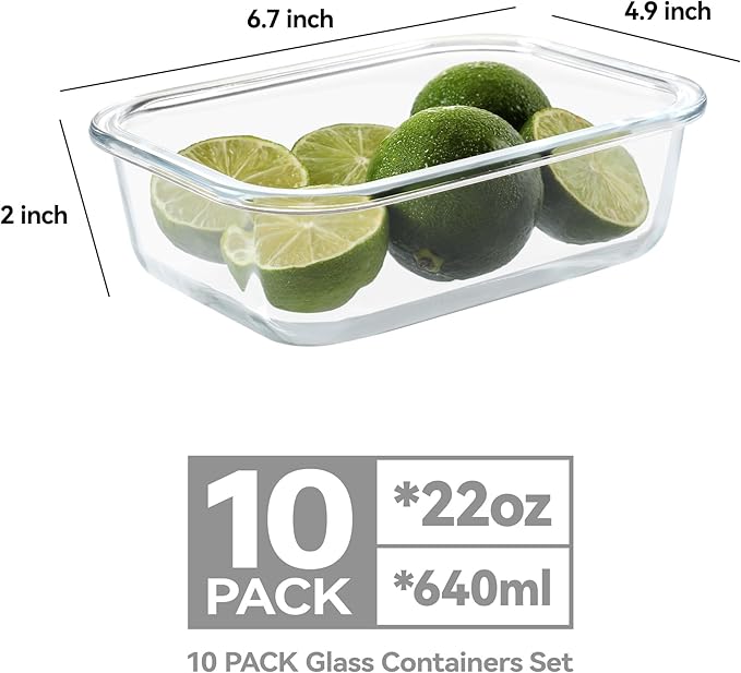 BAYZZ 10 Pack 22 oz Glass Meal Prep Containers, Glass Food Storage Containers with Airtight Lids, BPA-Free, Freezer and Microwave Safe, White