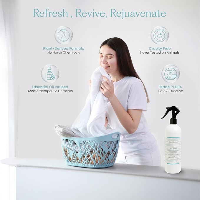 FIELD FLEUR Sea Salt Linen & Room Spray 15.5 oz - Aromatic & Refreshing Bedding & Fabric Mist - Air Freshener for Clothes & Sofas - Notes of Lemon, Water Lily, Jasmine & Driftwood - Made in USA