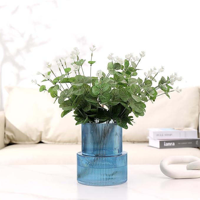 Blue Glass Vase, Ribbed Glass Vase, Fluted Glass Vase, Flower Vase for Bouquet, Ribbed Vase for Flowers, Blue Vase for Living Room, Dining Table, Entryway, Shelf, Wedding, Office,7.5 Inches