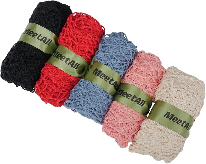 meetall Mesh Grocery Bags, Reusable Tote Bags with Sturdy Handle, Washable, Eco Friendly, Cotton String Net, for Shopping and Storage Fruit Vegetable (5 Pack, One Size, Off White/Pink/Blue/Red/Black)