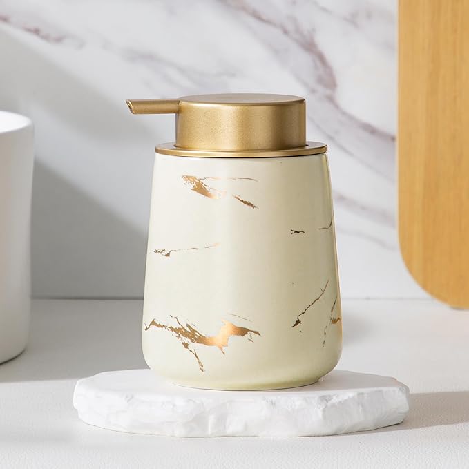 Enra Ceramic Gold Soap Dispenser, 12 oz Modern Liquid Hand Soap Dispenser for Bathroom Kitchen with Easy-to-Press(Glod Liquid Type-Beige)
