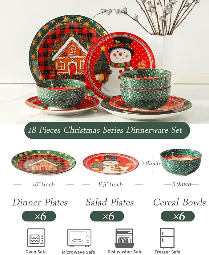 HASENSE 18 Pieces Dinnerware Sets Service for 6, Christmas Plates and Bowls Set, Ceramic Chip Resistant Tableware Dishes Set, Scratch Resistant Microwave and Dishwasher Safe, Multicolor