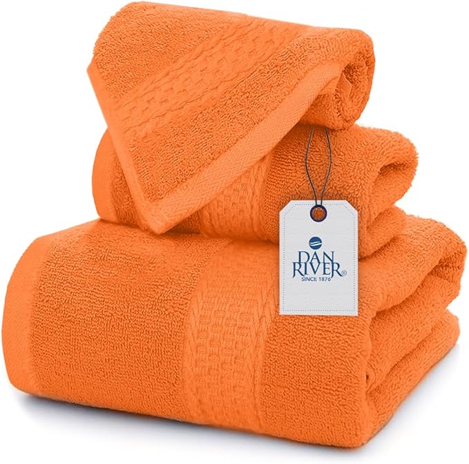 DAN RIVER 100% Ring Spun Cotton 3-Piece Towel Set, Orange, Bath Towel, Hand Towel and Washcloths, 550 GSM - Soft, Absorbent Quick Dry Cotton Towels for Bathroom, Spa, and Gym
