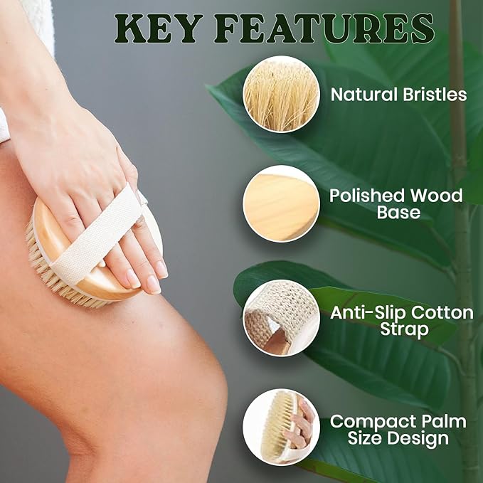 Large Dry Brushing Body Brush - Natural Boar Bristle Brush for Lymphatic Drainage, Cellulite, Blood Circulation - Skin Massage Nodes for Detox, Flawless Skin, Exfoliating Body Scrubber