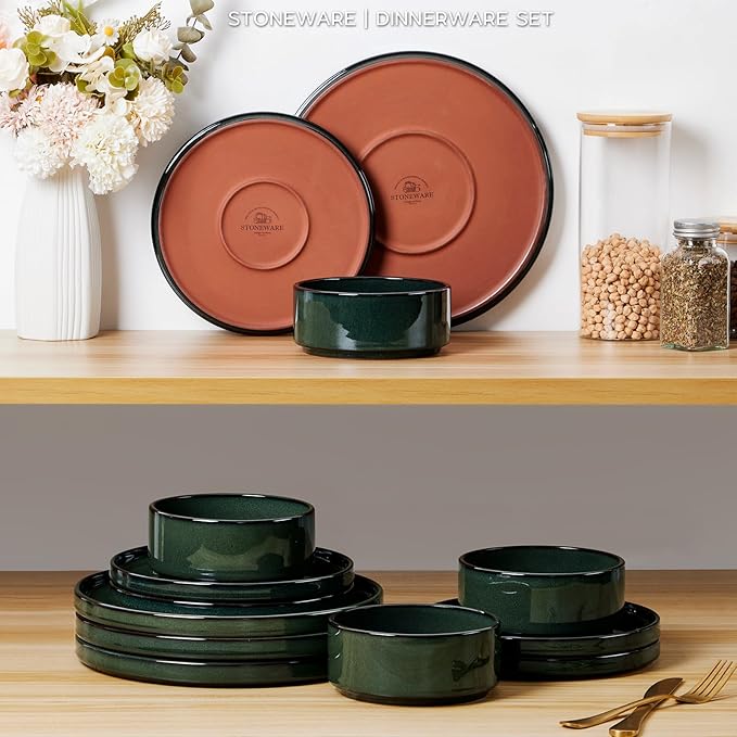 Onader Stoneware Dinnerware Sets for 8, Reactive Glaze Plates and Bowls Sets, Ceramic Dish Dinner Set with Rustic Terracotta Bottom, 24 Piece Elegant Dishware - Emerald Green