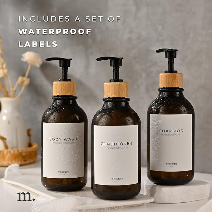 MaisoNovo Refillable Shampoo and Conditioner Bottles | 16.9 fl oz Set of 3 Amber Plastic Bottles Black Bamboo Pumps