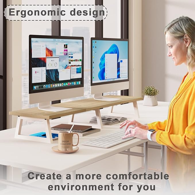 TEAMIX Large Dual Monitor Riser - Wood & Steel Desk Organization - Maple, 42 inch