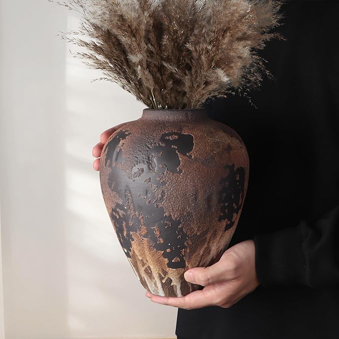 Rustic Vase for Flowers, 8.9'' Brown Farmhouse Ceramic Vases for Home Decor, Minimalist Decorative Vase for Living Room, Entryway, Shelf, Premium Pottery Clay Table Centerpiece Decor.