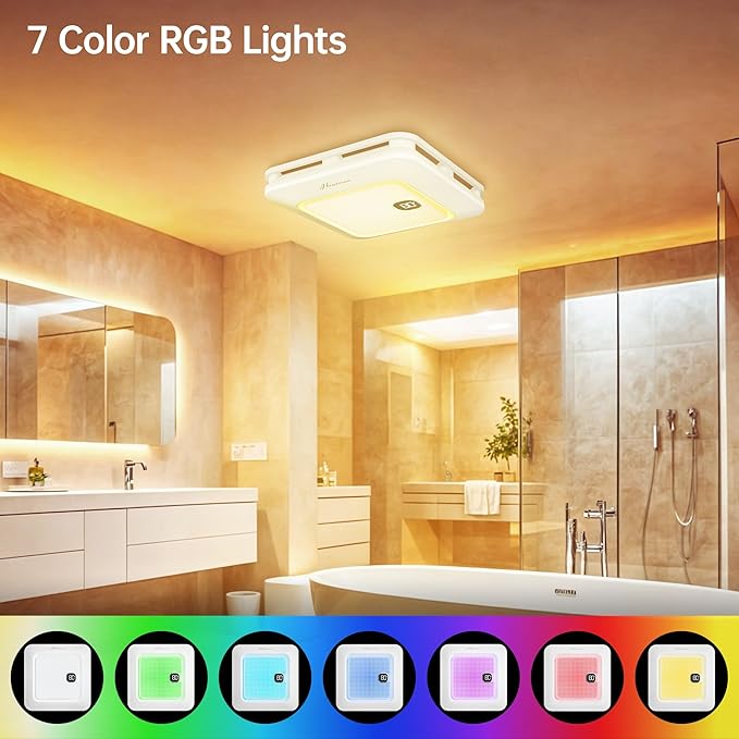 Bathroom Exhaust Fan with Bluetooth Speaker, 230 CFM 1.0 Sone Bathroom Exhaust Fan with Light, 3 Dynamic Light, 7 LED Color, 3 Color Temperatures, Nightlight,Remote, Easy Install (White)