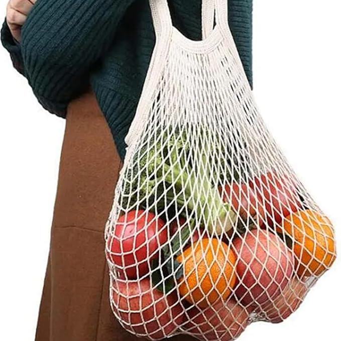 QUUPY 2Pcs Reusable Cotton Mesh Grocery Bags Long Handle Net Shopping Tote for Fruits Vegetables Produce Storage (White)