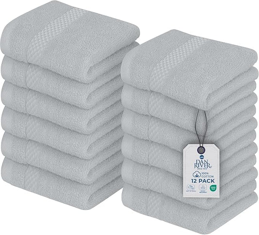 DAN RIVER 12-Pack Premium 100% Cotton Highrise Face Towels – Reusable Face Towel Set, Absorbent & Soft Wash Towels for Bathroom & Body – Hand and Face Towels, 550 GSM (12x12 in)