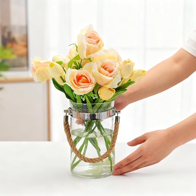 Barrel-Shaped 8.46" Large Mouth Clear Glass Vase with Hemp Rope Handle - Ideal for Floral Arrangements, Bouquets, Floating Tealights, Home Display & Holiday Decor