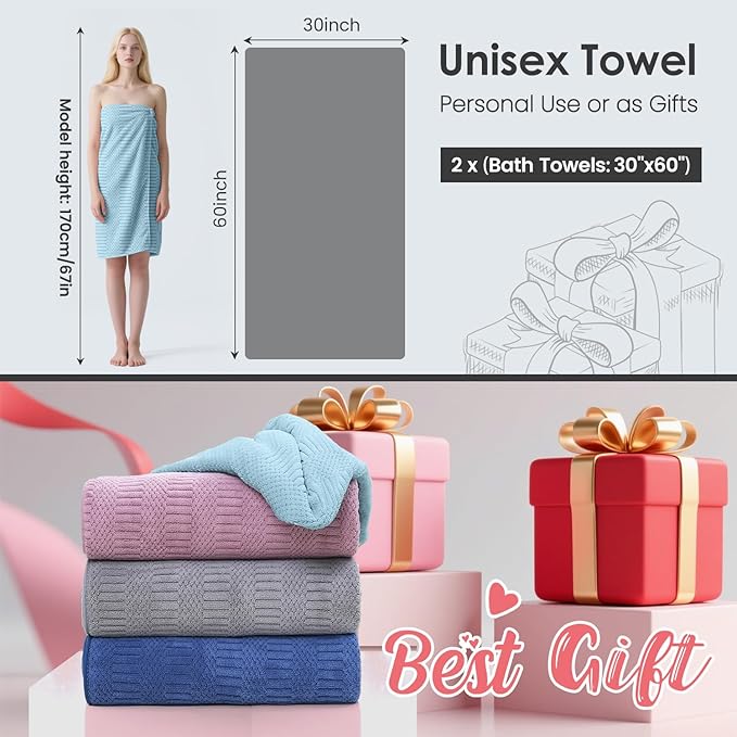 JML Microfiber Bath Towels, Large Bathroom Towel 2 Pack (30" x 60"), Oversized, Soft, Super Absorbent and Fast Drying, Multipurpose Use for Sport, Fitness, Yoga, Diamond Cross Grid Light Blue