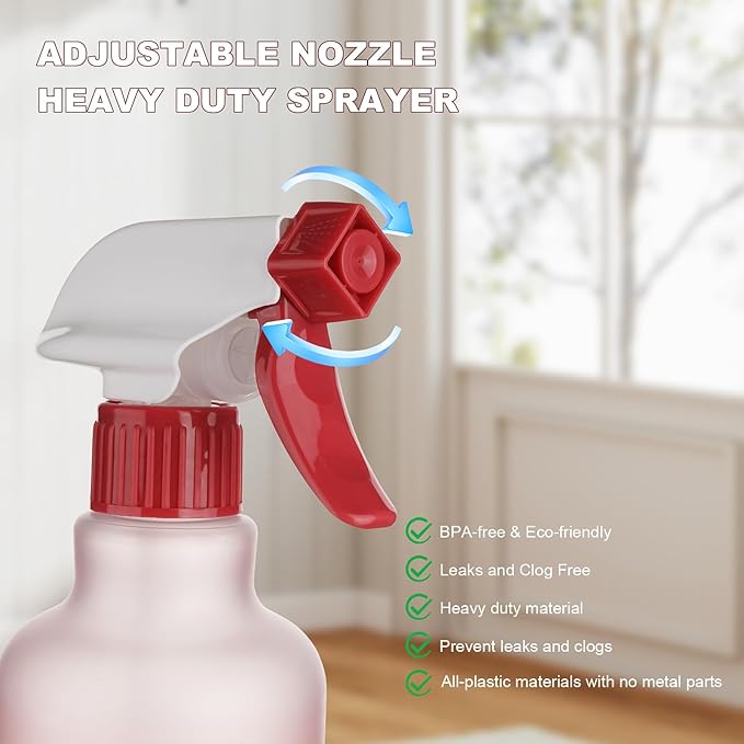 Plastic Spray Bottles 12oz 2 Pack Adjustable Mist/Stream Spraying Heavy Duty Square Water Spray Bottles for Hair, Cleaning Solutions, Plants, Cooking，BBQ，Essential Oils (Red)