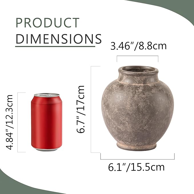 Ceramic Flower Vase, 6.7 Inch Rustic Farmhouse Decorative Vase Pottery Pampas Grass Vases for Home Decor Table Living Room Entryway Mantel Bookshelf Bedroom Bathroom Kitchen - Brown