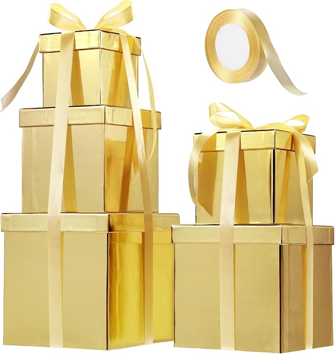 Cholemy 5 Pcs Square Nesting Boxes Decorative Gift Boxes with Lid and Ribbon Assorted Sizes Wrap for Wedding, Thanksgiving, Christmas, Anniversary, Birthday, Bridal Party(Shiny Gold)