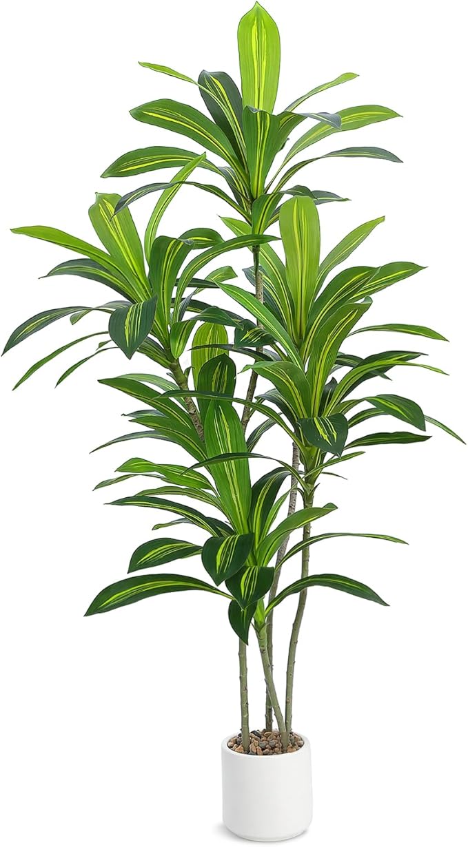 5FT Artificial Dracaena Tree, Faux Dracaena Plant with Stones in White Round Planter, Tall Fake Floor Plant for Indoor Home Office Living Room Decor