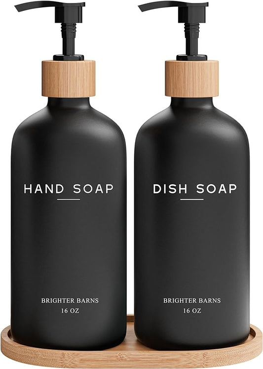 Black Glass Hand and Dish Soap Dispenser Set by Brighter Barns - Kitchen Soap Dispenser Set with Tray - Bamboo Pump Bottles for Kitchen Sink - Boho Modern Home Decor, Neutral Home Accessories (Black)
