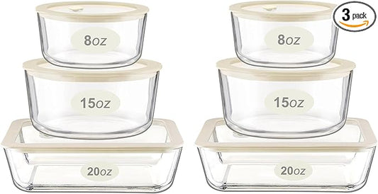 Urban Green Glass Food Container Set with Glass Lid, 6 Pack, Food Storage Containers Set, Airtight, LeakProof, Micowave Safe, 100% Plastic Free, Meal Prep Containers (White Color)