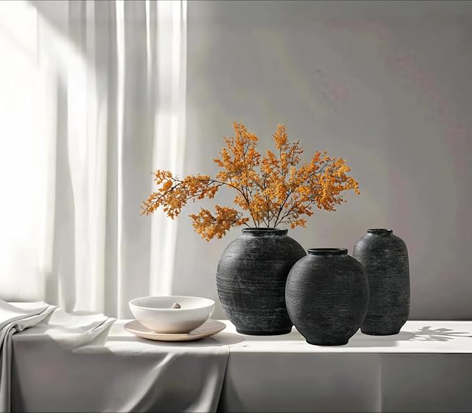 Large Black Ceramic Vase, 9.8 inch Round Minimalist Textured Flower Vase, Rustic Farmhouse Decor for Home, Living Room, Shelf, Table, Bathroom & Entryway Decoration (Black Bronze)