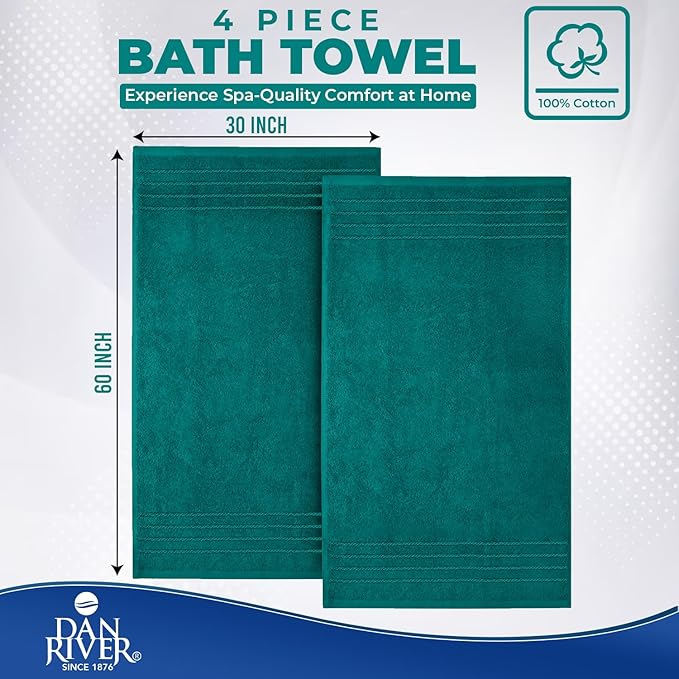 DAN RIVER Bath Towels Set of 4, 30 x 60 Inches, 100% Cotton, Larger & Lighter Weight, Quicker to Dry, Super Soft and Absorbent, Ideal Hotel Towels for Daily Use, Teal
