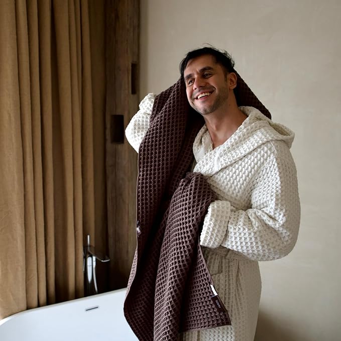 Luxury Japanese Cotton Waffle Bath Towel | Plush, Absorbent, and Quick Dry | Free Storage Bag Included (Dark Cocoa, Bath Towel (2 Pack))