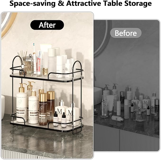 FOLLOWIN 2 Tier Bathroom Counter Organizers and Storage,Make Up Organizers for Counter,Skincare Cosmetic Vanity Perfume Organizers,Makeup Shelf,Elegant Black