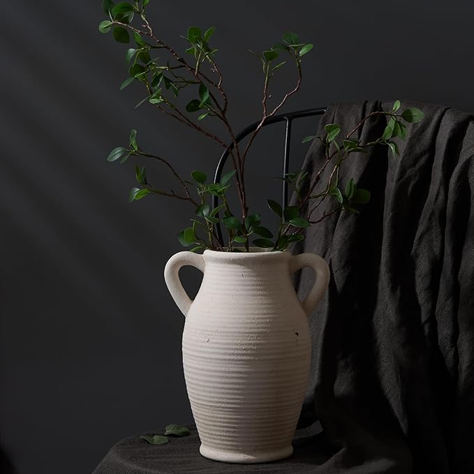 Large Ceramic Rustic Vase with 2 Handles, 9.8 inch Farmhouse Flower Vase, Minimalist for Home Decor, Living Room, Shelf Decor, Pampas Grass, Enterway, Table Decoration, Gift, Off White