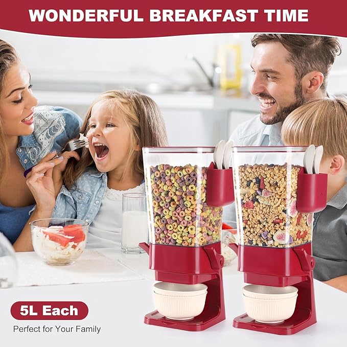 Cereal Dispenser Countertop Red 2 Pack with Creal Bowls Spoons Cutlery Box, Cereal Containers Storage - Not Easy to Crush Food, Dry Food Dispenser For Pantry Candy Snack