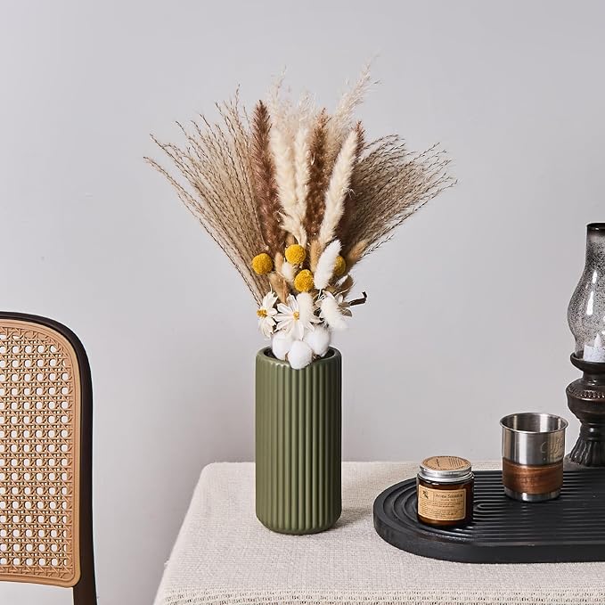 Green Ceramic Flower Vase for Pampas Grass, 10 inch Large Decorative Centerpiece Ribbed Vase for Dining Table, Office Desktop, Shelf Bookshelf, Mantel, Entryway, Bathroom, Countertop, Farmhouse, Gift