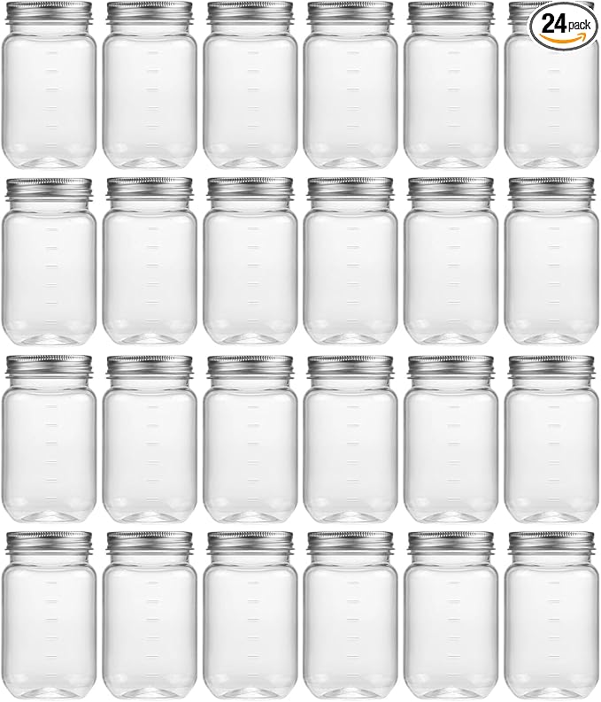 novelinks 16 oz Clear Plastic Jars with Screw-On Lids - BPA-Free Refillable Storage Containers for Slime, Food, Crafts, Kitchen & Household Use (24 Pack,Silver)
