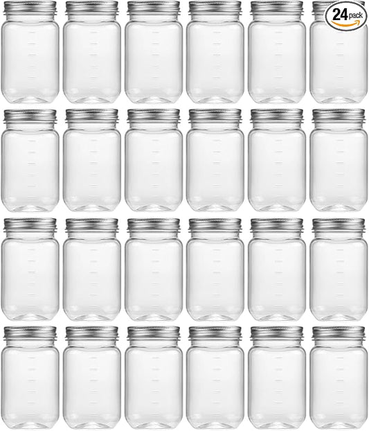 novelinks 16 oz Clear Plastic Jars with Screw-On Lids - BPA-Free Refillable Storage Containers for Slime, Food, Crafts, Kitchen & Household Use (24 Pack,Silver)