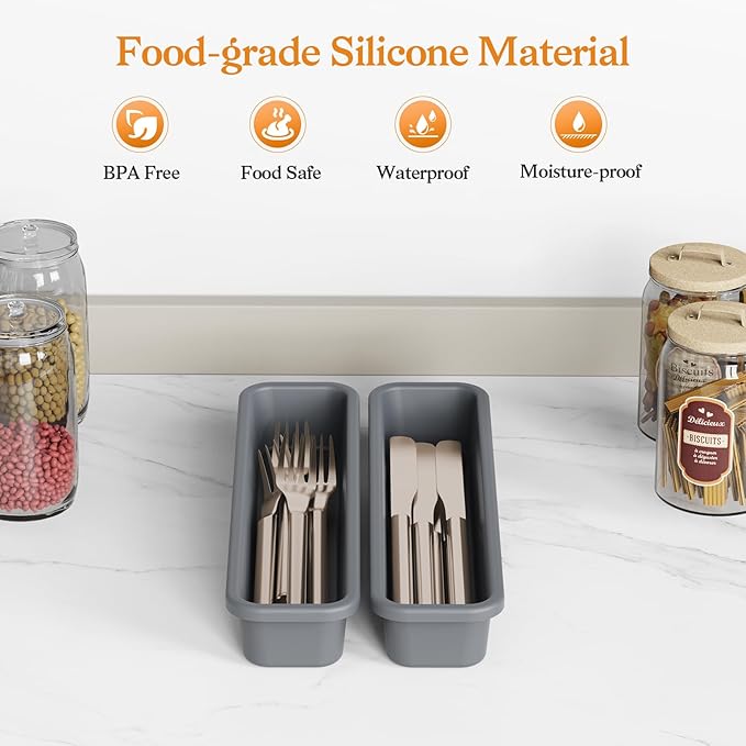 2 Pack Silicone Silverware Organizer, DIY Free Combination Utensil Drawer Organizer, Silverware Drawer Organizer, Flatware Cutlery Tray for Spoons Forks. Anti-slip and Environmentally Design (Grey)