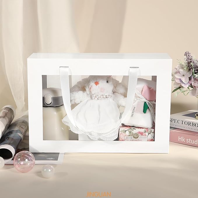 Large White Clear Gift Box, 13.5x9x4.1 Inches Gift Box with Window by Handle, Bridesmaid Proposal Box, Collapsible Gift Box with Magnetic Closure (Glossy White, 1 Pack)