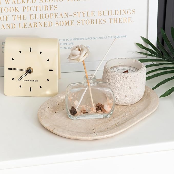 Natural Marble Decorative Tray Bathroom Counter Perfume Organizer Vanity Tray for Home Decor, Jewelry Candle, Coffee Table, Soap Holder Dresser Countertop Accessories 8"x11" Travertine