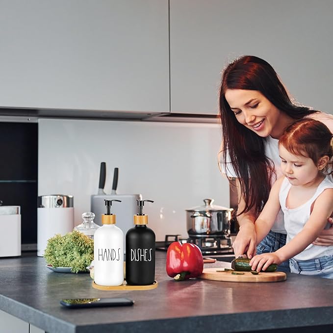 Arktek Glass Soap Dispenser Set with Tray, 2 Pack Hand and Dish Soap Dispenser Set for Bathroom and Kitchen Bottle Dispenser with Dish Soap, Hand Soap, Lotion 17 Oz (Black & White)