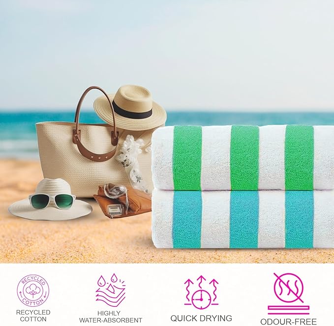 CASA COPENHAGEN Cabana Beach Towels Designed in Denmark Rough and Tough, Quick Dry, for Pool, Bath & Shower 30x60 inches 32 Pieces Cotton Beach Bath Towels Set - Turquoise,Royal Blue,Pink,Green