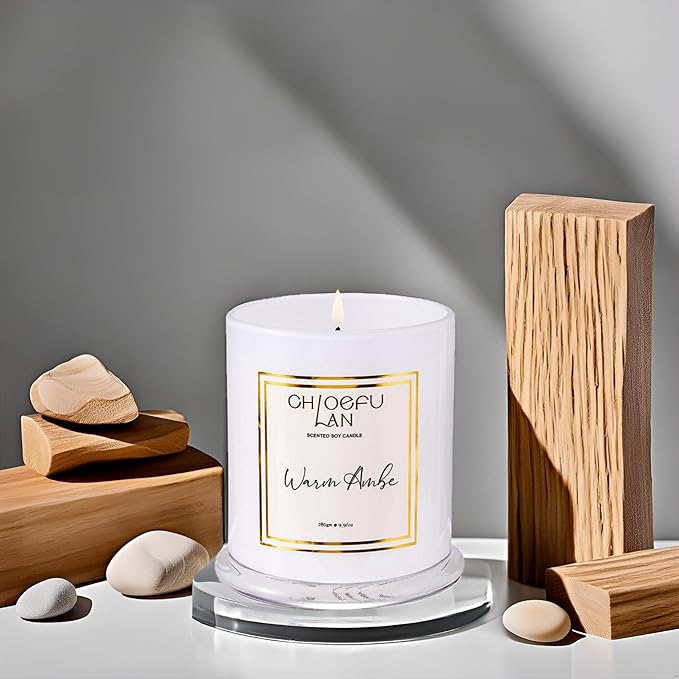 Chloefu LAN Warm Amber Candle, Scented Candles Gifts for Women & Men, Amber Oil, Cotton Wick, Natural Soy Wax for Clean Burning, Luxury Home Decor, Non-Toxic, Glass Jar Candle, 70 Hour Burn, 10 oz